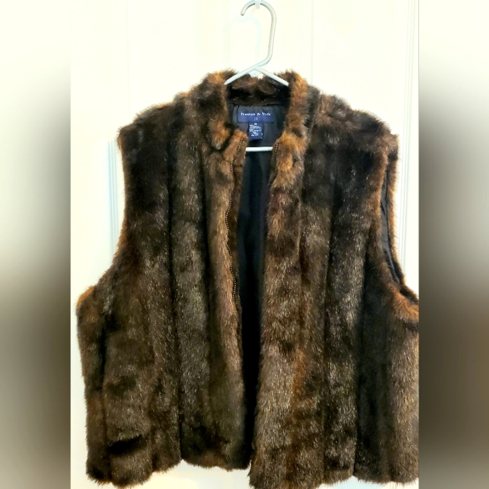 Preston & York Womens Faux Fur Vest Brown Zip Up Lined Mock Neck 3X